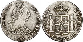 1789. Carlos IV. Potosí. PR. 8 reales. (Cal. 710). 26,92 g. Busto de Carlos III. Ordinal IV. Perforación reparada. Escasa. (MBC).