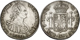 1791. Carlos IV. Potosí. PR. 8 reales. (Cal. 712). 26,50 g. Primer año de busto propio. Rayitas. Buen ejemplar. MBC+.