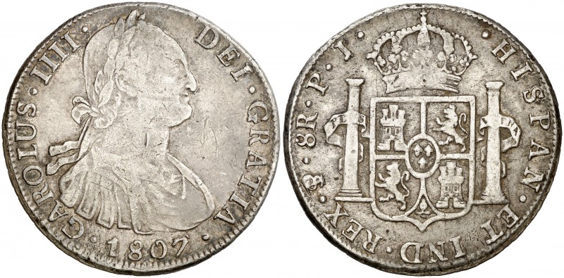 1807. Carlos IV. Potosí. PJ. 8 reales. (Cal. 731). 26,91 g. Leves rayitas. MBC/M...