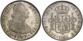 1807. Carlos IV. Potosí. PJ. 8 reales. (Cal. 731). En cápsula de la PCGS como MS62, nº 146234.62/80059957. Bella. EBC+.
