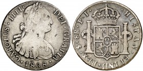 1808. Carlos IV. Potosí. PJ. 8 reales. (Cal. 732). 26,76 g. Resellos orientales. BC+.
