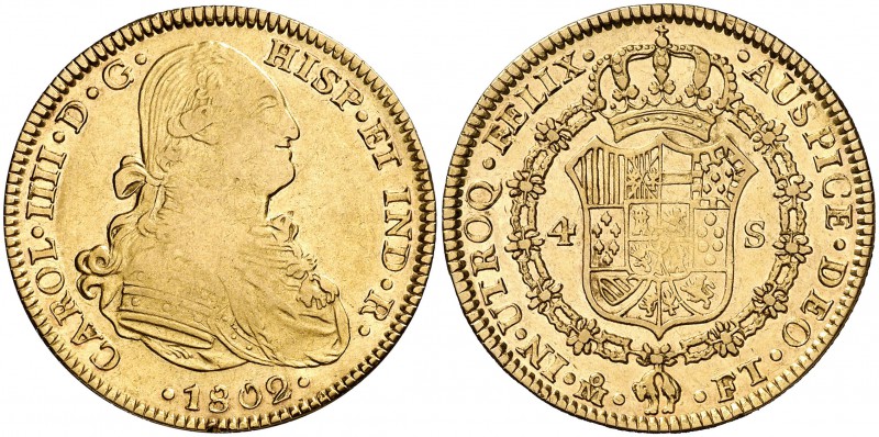 1802. Carlos IV. México. FT. 4 escudos. (Cal. 223). 13,42 g. Acuñación floja. Go...