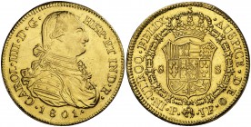 1801. Carlos IV. Popayán. JF. 8 escudos. 26,23 g. Falsa de joyería. (MBC+).