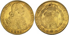 1805. Carlos IV. Potosí. PJ. 8 escudos. (Cal. 112) (Cal.Onza 1104). 26,95 g. Hojitas. MBC-/MBC.