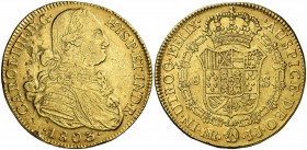 1803. Carlos IV. Santa Fe de Nuevo Reino. JJ. 8 escudos. (Cal. 137) (Cal.Onza 1140) (Restrepo 97-29). 26,74 g. Hojitas y golpe en el canto. MBC-/MBC.
