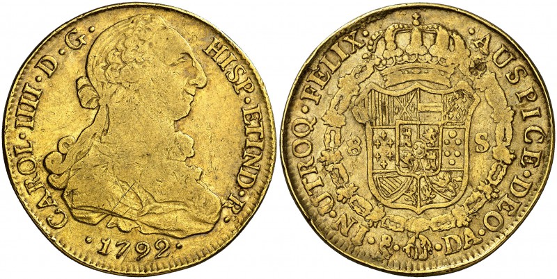 1792. Carlos IV. Santiago. DA. 8 escudos. (Cal. 151) (Cal.Onza 1156). 26,79 g. S...