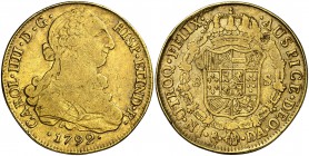 1792. Carlos IV. Santiago. DA. 8 escudos. (Cal. 151) (Cal.Onza 1156). 26,79 g. Sirvió como joya. (MBC-).