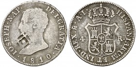 1810. José Napoleón. Madrid. AI. 4 reales. 5,57 g. Resello de Vique (Cuba) (De Mey 481). Escasa. MBC-.