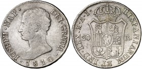 1810. José Napoleón. Madrid. AI. 20 reales. (Cal. 25). 26,62 g. Águila grande. Limpiada. Ex Áureo & Calicó 24/05/2017, nº 2404. MBC.