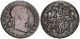 1832. Fernando VII. Segovia. 2 maravedís. (Cal. 1734). 2,44 g. FERDIN IIV. BC+/MBC-.