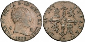 1823. Fernando VII. Jubia. 8 maravedís. (Cal. 1559). 11,19 g. Tipo "cabezón". MBC+.
