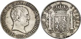 1823. Fernando VII. Barcelona. SP. 20 reales. (Cal. 369). 26,64 g. Tipo "cabezón". Golpecitos. Escasa. (MBC-).