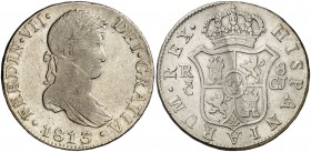 1813. Fernando VII. Cádiz. CJ. 8 reales. (Cal. 375). 26,59 g. Rayitas. Escasa. MBC-.