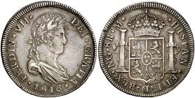 1816. Fernando VII. Guatemala. M. 8 reales. (Cal. 464). 26,95 g. Golpecito. Pátina. Escasa. MBC/MBC+.