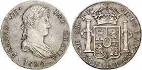 1820. Fernando VII. Lima. JP. 8 reales. (Cal. 488). 26,75 g. Levísimas hojitas. Buen ejemplar. MBC+/EBC-.