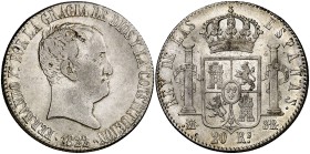 1822. Fernando VII. Madrid. SR. 20 reales. (Cal. 516). 26,74 g. Tipo"cabezón". Hojita. Ex Áureo & Calicó 13/12/2017, nº 1784. Muy rara. MBC/MBC+.
