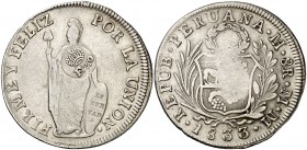 Fernando VII. Manila. 8 reales. (Cal. 536) (Kr. 83). 26,25 g. Resello F.7º (De Mey 1000) Sobre 8 reales de Perú, Lima 1833 MM. MBC-.