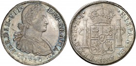 1810. Fernando VII. México. HJ. 8 reales. (Cal. 543). 26,79 g. Busto imaginario. Pátinas. Golpecitos. MBC+.