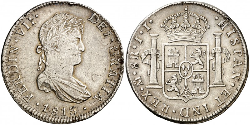 1813. Fernando VII. México. JJ. 8 reales. (Cal. 551). 26,82 g. Hojitas y golpeci...