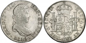 1819. Fernando VII. México. JJ. 8 reales. (Cal. 563). 26,86 g. Acuñación floja. MBC-/MBC.