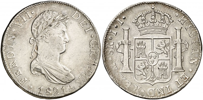 1821. Fernando VII. México. JJ. 8 reales. (Cal. 565). 26,93 g. Golpecitos. MBC-....