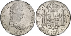 1817. Fernando VII. Potosí. PJ. 8 reales. (Cal. 606). En cápsula de la NGC como MS62, nº 4459794-006. Bella. EBC+.