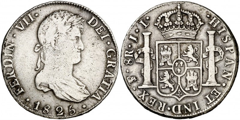 1825. Fernando VII. Potosí. JL. 8 reales. (Cal. 618). 26,84 g. Limpiada. BC+/MBC...