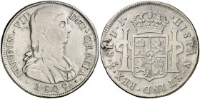 1809. Fernando VII. Santiago. FJ. 8 reales. (Cal. 624). 26,32 g. Busto almirante. Casaca sin botones. Restos de soldadura en reverso. Rara. BC+.