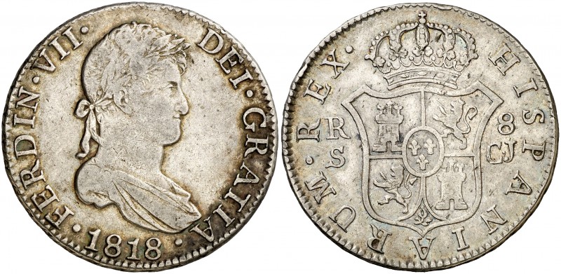 1818. Fernando VII. Sevilla. CJ. 8 reales. (Cal. 642). 26,95 g. Pátina atractiva...