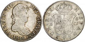 1818. Fernando VII. Sevilla. CJ. 8 reales. (Cal. 642). 26,95 g. Pátina atractiva. Escasa. MBC.