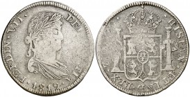 1819. Fernando VII. Zacatecas. AG. 8 reales. (Cal. 690). 26,72 g. Acuñación descuidada. Muy escasa. (MBC-).