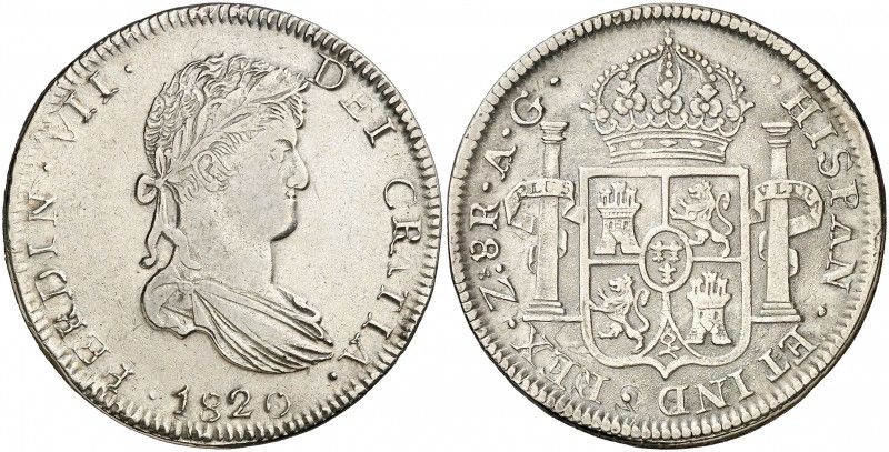 1820. Fernando VII. Zacatecas. AG. 8 reales. (Cal. 695). 26,55 g. Leves golpecit...