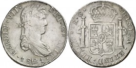 1821. Fernando VII. Zacatecas. RG. 8 reales. (Cal. 697). 26,47 g. Golpes en canto. MBC-.