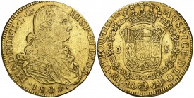1809. Fernando VII. Santa Fe de Nuevo Reino. JF/JJ. 8 escudos. (Cal. 94 var) (Cal.Onza 1313 var) (Restrepo 127-5). 26,91 g. Golpecitos en el canto. MB...