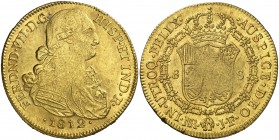 1812. Fernando VII. Santa Fe de Nuevo Reino. JF. 8 escudos. (Cal. 99) (Cal.Onza 1320) (Restrepo 127-13). 26,97 g. Golpecitos y rayitas. MBC-.