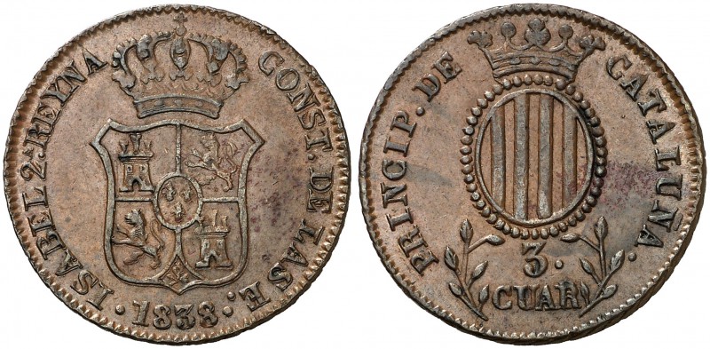 1838. Isabel II. Barcelona. 3 cuartos. (Cal. 705). 7,10 g. EBC-.