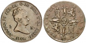1858. Isabel II. Barcelona. 2 maravedís. (Cal. 538). 2,20 g. Escasa. MBC-.