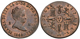 1842. Isabel II. Segovia. 2 maravedís. (Cal. 554). 2,39 g. Pátina rojiza. EBC-/EBC.