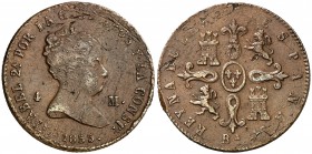 1855. Isabel II. Barcelona. 4 maravedís. (Cal. 509). 4,90 g. Acuñada sobre 3 cuartos. Escasa. (MBC).