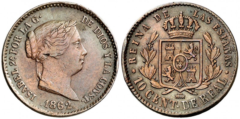 1862. Isabel II. Segovia. 10 céntimos de real. (Cal. 608). 3,99 g. Hojita. MBC+/...