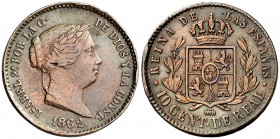 1862. Isabel II. Segovia. 10 céntimos de real. (Cal. 608). 3,99 g. Hojita. MBC+/EBC-.