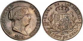 1864. Isabel II. Barcelona. 25 céntimos de real. (Cal. 588). 9,43 g. Mínima hojita. Buen ejemplar. Rara y más así. EBC/EBC-.