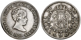 1850. Isabel II. Sevilla. RD. 2 reales. (Cal. 378). 2,63 g. Golpecito. MBC/MBC+.