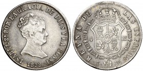 1838/7. Isabel II. Sevilla. RD. 4 reales. (Cal. 315 var). 5,82 g. Rayitas. Rara. MBC-/MBC.