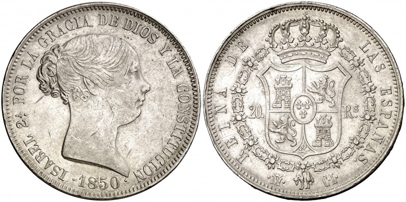 1850. Isabel II. Madrid. CL. 20 reales. (Cal. 170). 26 g. Leves marquitas. Parte...