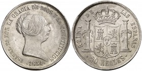 1854. Isabel II. Madrid. 20 reales. (Cal. 174). 25,85 g. Leves marquitas. Bella. Rara así. EBC/EBC+.