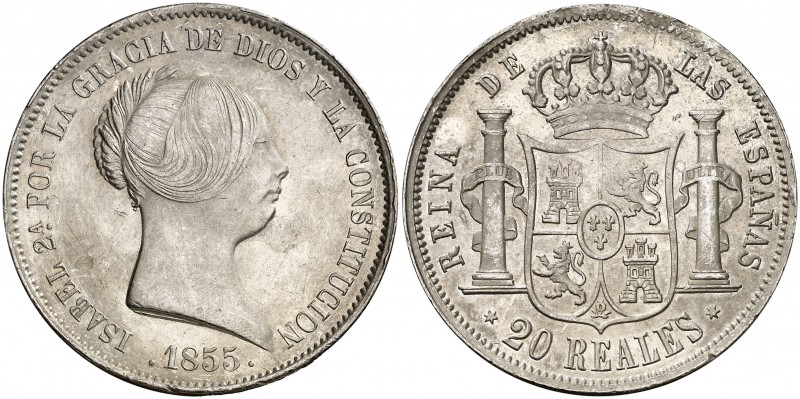 1855. Isabel II. Madrid. 20 reales. (Cal. 175). 25,87 g. Golpecitos y hojita. Pa...