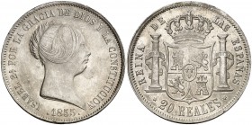 1855. Isabel II. Madrid. 20 reales. (Cal. 175). 25,87 g. Golpecitos y hojita. Parte de brillo original. Ex Áureo & Calicó 19/09/2018, nº 3409. (EBC-/E...