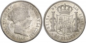 1856. Isabel II. Madrid. 20 reales. (Cal. 178). 25,95 g. Bella. Parte de brillo original. Rara así. EBC/EBC+.