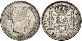 1858. Isabel II. Madrid. 20 reales. (Cal. 180). 25,73 g. Rayitas. MBC/MBC+.